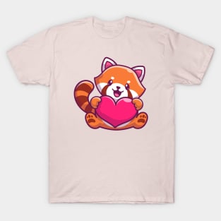 Cute Red Panda Holding Love Heart Cartoon T-Shirt